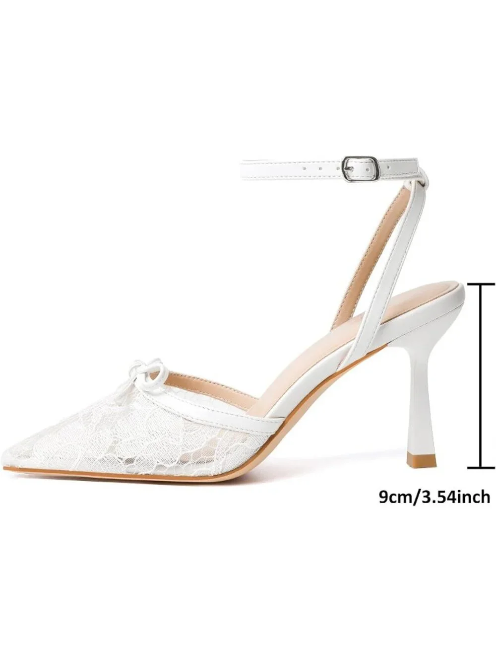 Women's White Bow Lace Elegant Closed Pointed Toe Strappy Stiletto Pumps Shoes
